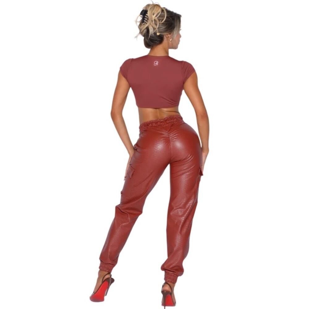 Bombshell Sportswear Red Faux Leather Jogger Track Pants - Picture 5 of 11
